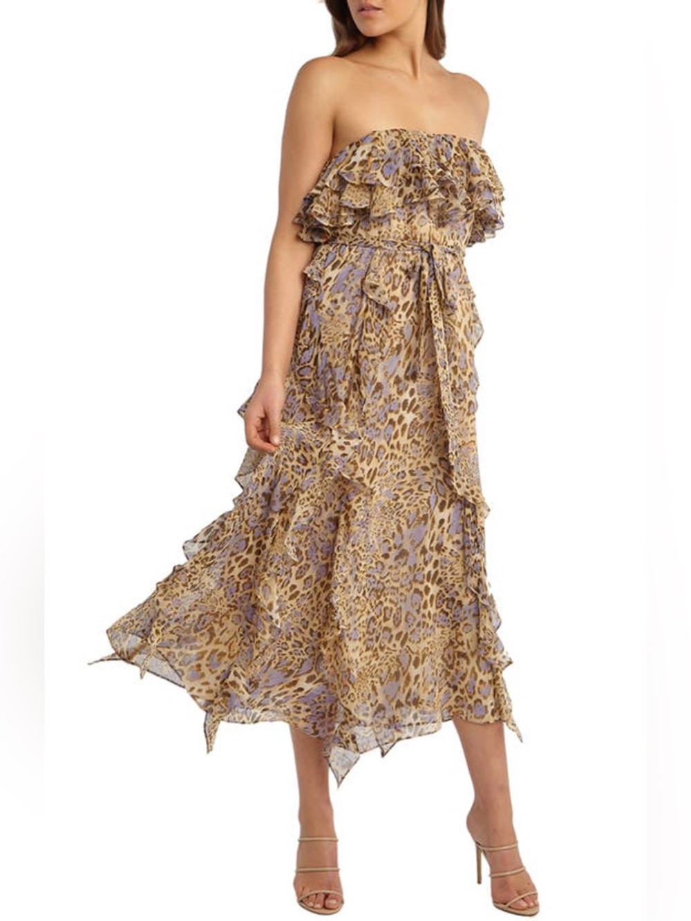 Bardot Rumi Blue Leopard Strapless Chiffon Midi Dress Size S NWT
